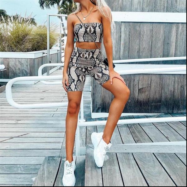

2 pieces set snake womens tracksuits skin printed mini dress and cropped halter fashion summer female vest shorts, Gray