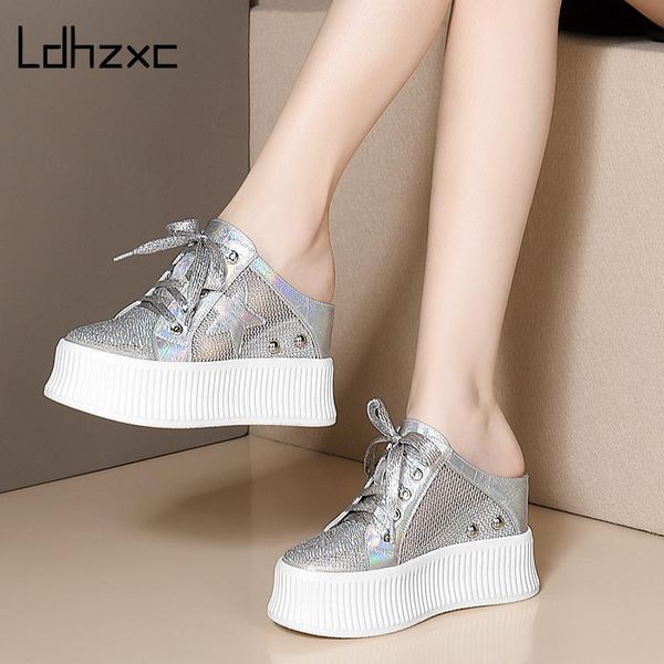

summer wedges slippers platform high heels women slipper ladies bling round toe shoes genuine leather sandals, Black