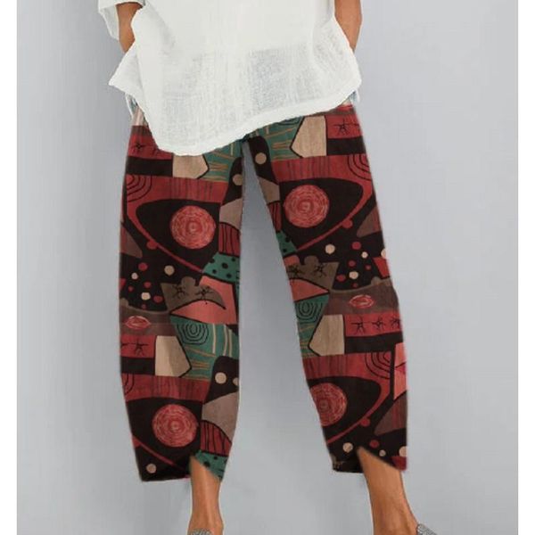 

women's pants & capris women summer casual loose elastic waist vintage linen print cropped comfort oversized calf length trousers, Black;white