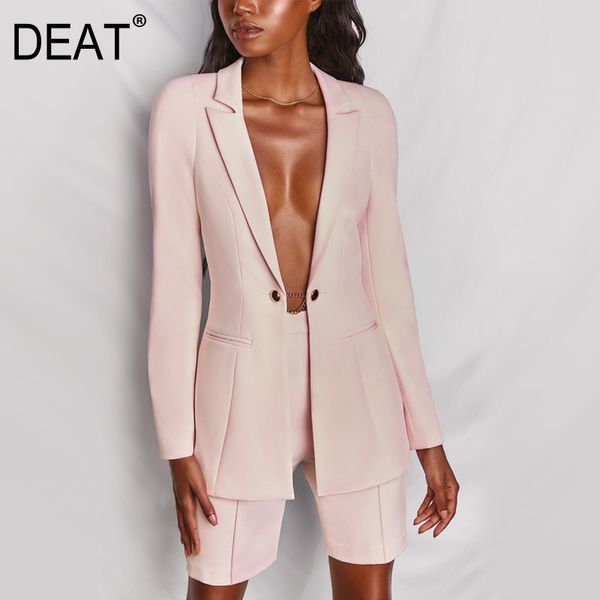 [DEAT] V-Ausschnitt Kragen Langarm Solid Pink Single Button und Shorts Sexy Anzug Frauen Mall Goth Frühling und Sommer GX564 210428