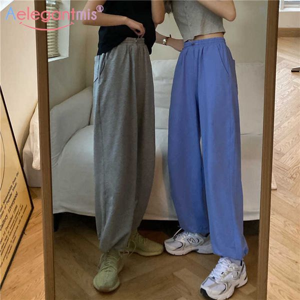 

aelegantmis korean autumn elastic high waist trousers women spring loose sports pants female casual hip hop drawstring 210607, Black;white