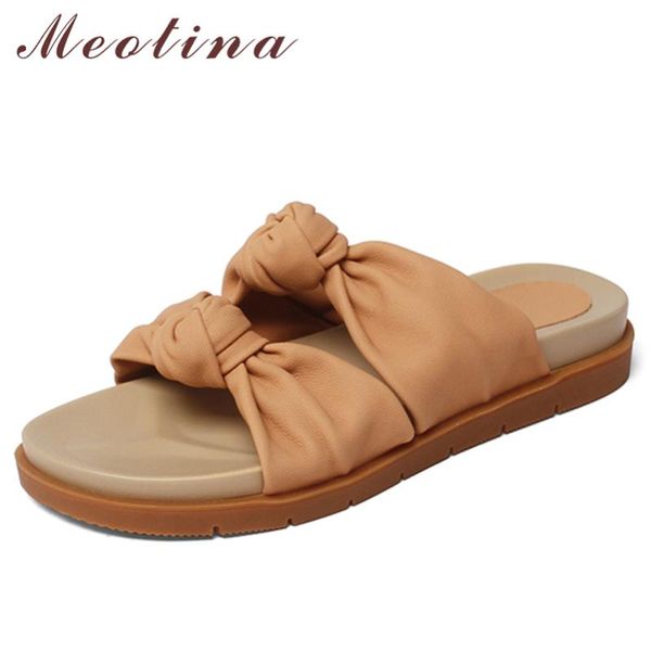 

sandals meotina women genuine leather shoes sheepskin slides flat platform pleated slippers 2021 summer ladies footwear beige 40, Black