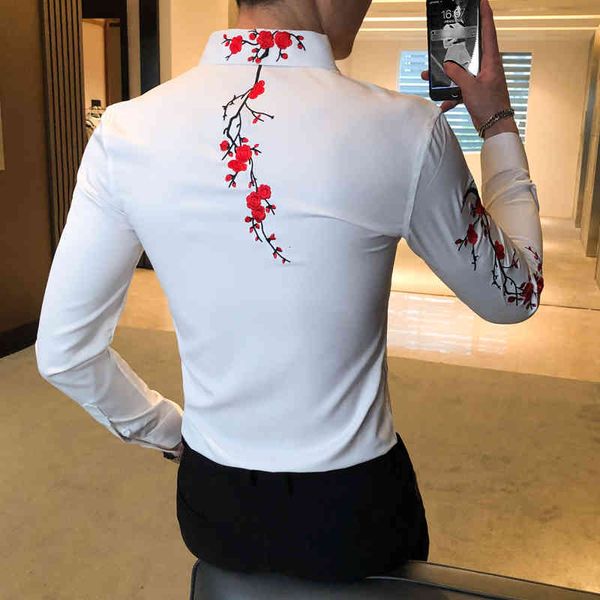 

men's polos embroidery floral shirt long sleeve business formal casual shirts streetwear social party bar male clothing camisa y5x, White;black