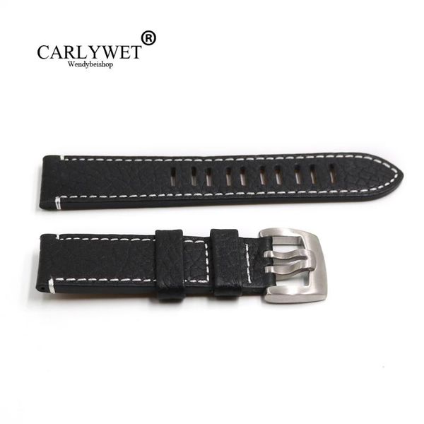 

watch bands carlywet 23mm wholesale real leather black handmade thick vintage wrist band strap belt with double tongue pin buckle, Black;brown