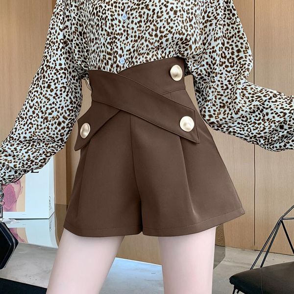 

women's shorts criss-cross high waist female fashion chic metal buttons for women woolen wide leg loose short femme autumn winter, White;black