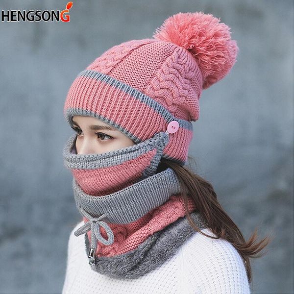 

autumn winter caps women's knit hat warm scarf windproof multi functional thermal set for women hikking outdoor hats, Black;white