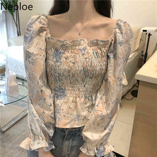 

neploe chiffon ruffle female korean puff sleeve pleaterd bluses mujer floral square neck fashion sweet ladies blouse 210422, White