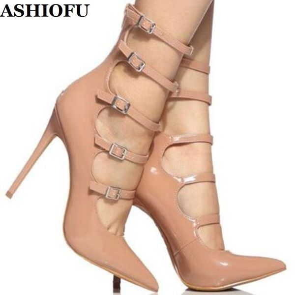 

dress shoes ashiofu handmade women high heel pumps five-buckle straps party office pointy evening fashion court, Black