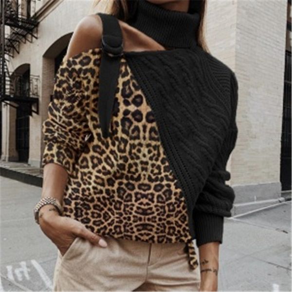 

hoodie winter handles a shoulder lady female chic leopard high mesh jumper, Black