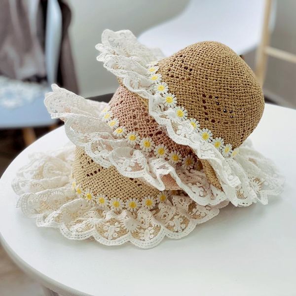 

girl kids cute casual large brim ribbon straw hat child baby outdoor travel holiday beach floppy lace sun cap for children caps & hats, Yellow