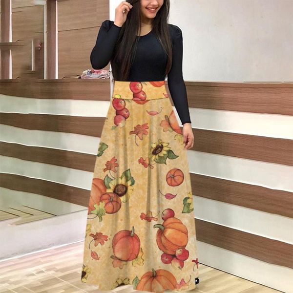 

casual dresses women pumpkin print maxi dress slim elegant long sleeve ladies brief korean sukienki damskie #g2, Black;gray