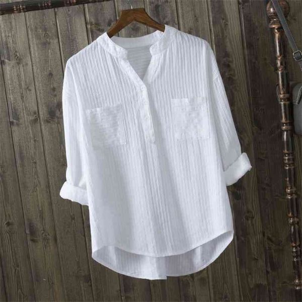 

autumn women shirt long sleeve loose v-neck white blouse double pockets casual ladies blouses 100% cotton shirts d76 210512