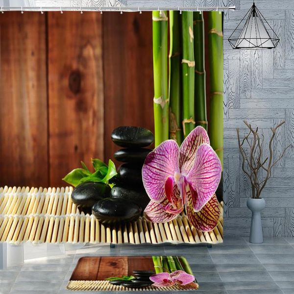 

shower curtains zen stone green bamboo curtain set with bathroom mat phalaenopsis buddha statue goldfish chinese flowers decor