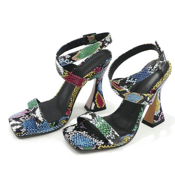 

women summer open toe sandals fashion buckle snake print shoes ladies strange heel party black white yellow