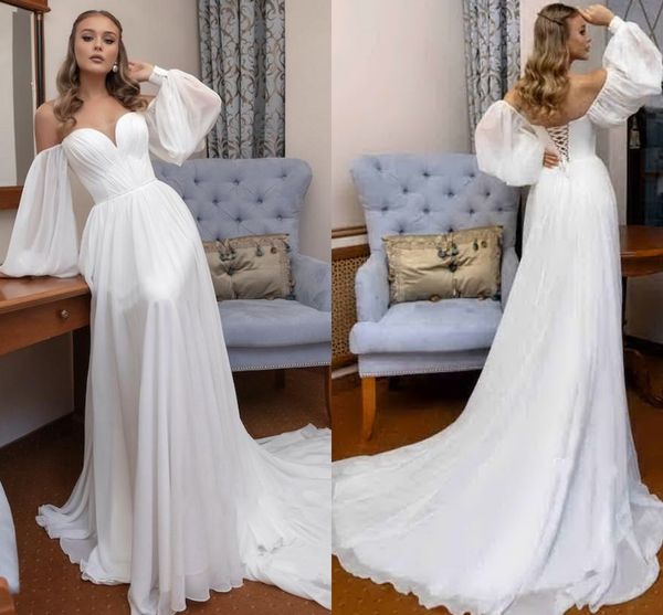 

glam long sleeves wedding dress off the shoulder puffy sleeves a line sweetheart chiffon bridal gown court train vestido de noiva 2022 robe, White