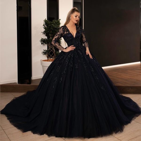 Черный элегантный глубокий V-шеи тюль знаменитости вечерние платья ясных иллюзий с длинными рукавами с бисером кружевной аппликации сексуальные бедные Vestaglia donna Prom