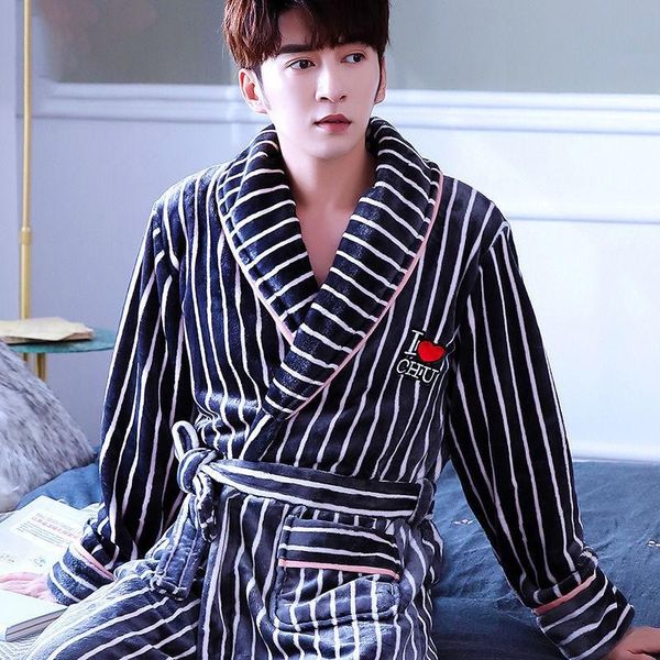 

men's sleepwear striped robe kimono bathrobe gown coral fleece winter nightgown intimate lingerie loose men home clothing nightwear, Black;brown
