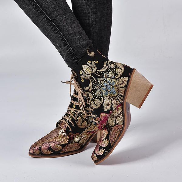 

boots 2021 autumn retro women embroidery flower short lady elegant lace up ankle female chunky botas mujer, Black