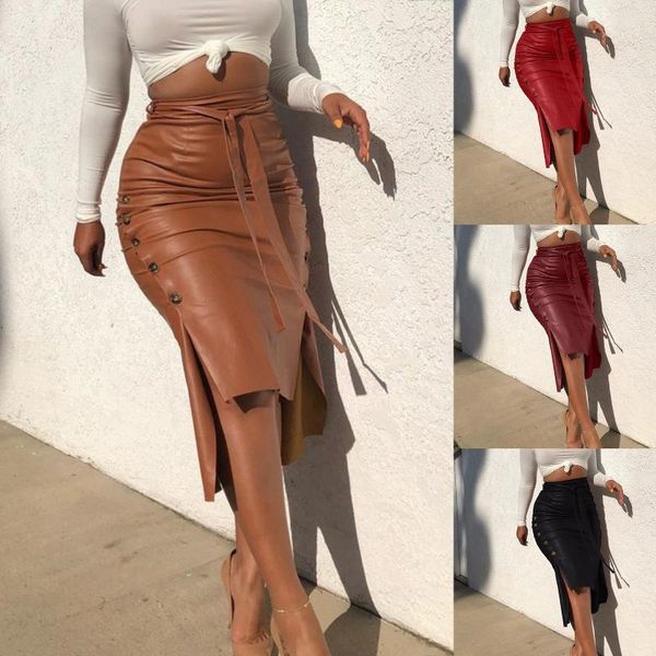 

skirts women autumn winter faux leather bandage button bodycon split midi skirt, Black