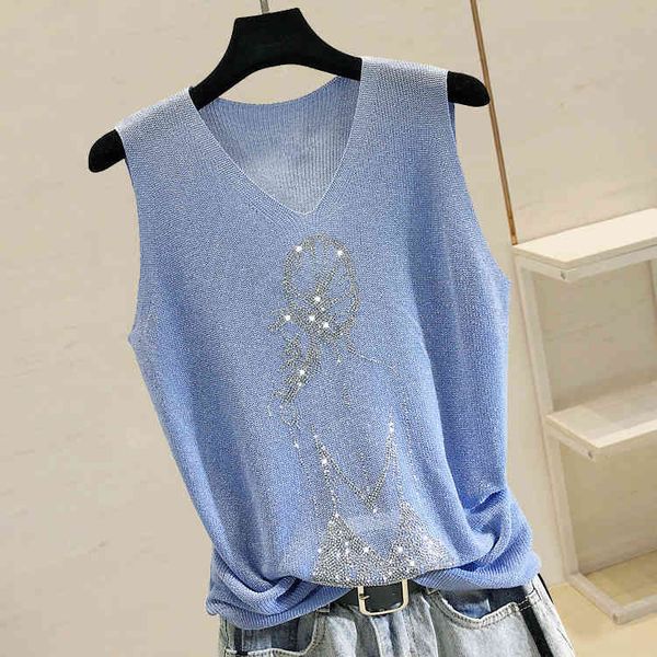 

t shirt summer thin bright silk knitted t shirt for women fashion back rhinestones sleeveless t-shirt outwear lady's tshirt, White