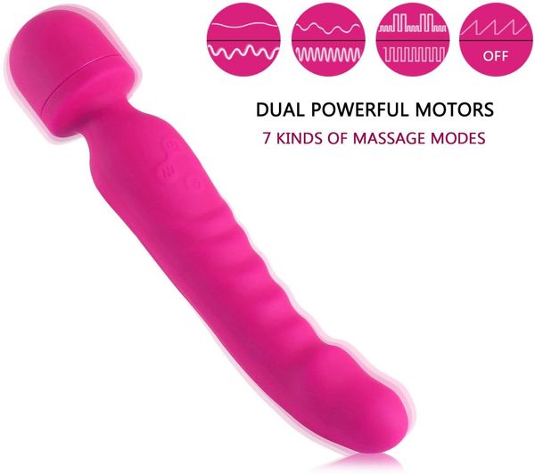 Massagem 7 Velocidade mais forte Cabo USB Recarregável Modo de Aquecimento Impermeável Wand Massager Vibrador para Mulheres Dual Vibração Vagina Clitóris