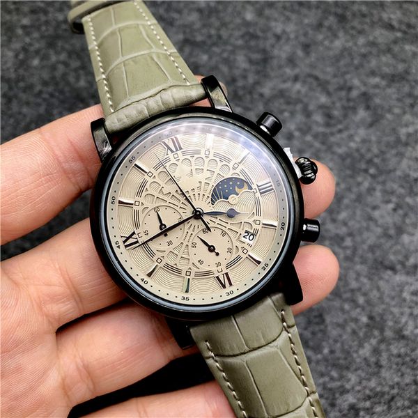 

7-2mens watches montre de luxe leather strap 3 dial work fashion designer quartz stainless steel business outdoor sports watch, Slivery;brown