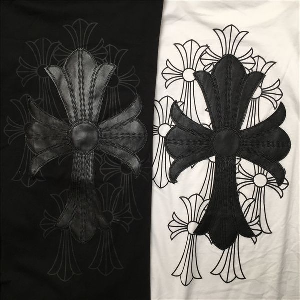 

brand 2021 spring tide brand new three dimensional embroidery pu leather cross long sleeve t-shirt men's and women's, White;black