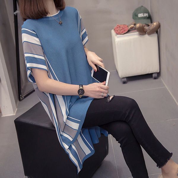 

tees female of large size mid-length length korean summer loose dress casual shirt stripe asymmetry pullover r105 a1rd, White