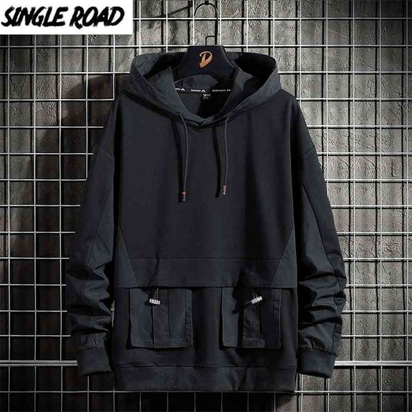 

single road mens hoodies men spring techwear hip hop sweatshirt japanese streetwear oversized black hoodie men plus size 210818