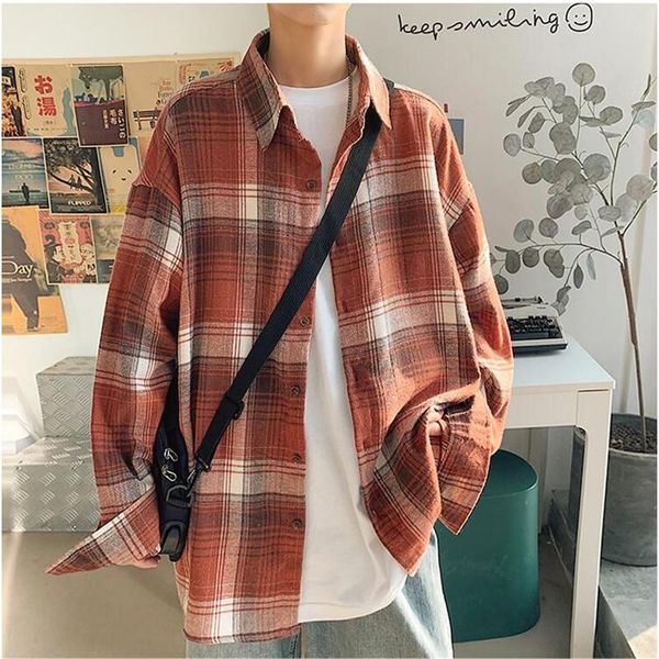 

men's casual shirts spring 2021 hong kong style retro plaid long-sleeved shirt fashion loose versatile multi-color, White;black
