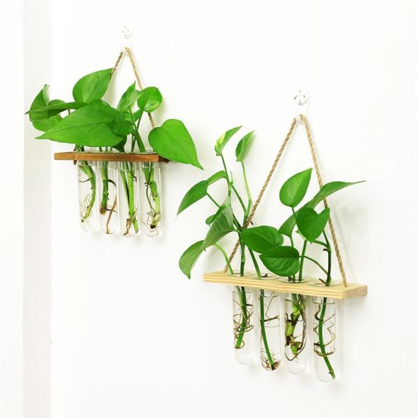 

vases transparent glass tube hydroponic plant vase with wooden holder wall mounted home garden decor pendant planter