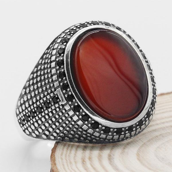 

cluster rings oval red agate ring for men women 925 sterling silver natural flat stone & black cz punk turkish jewelry gift to male, Golden;silver