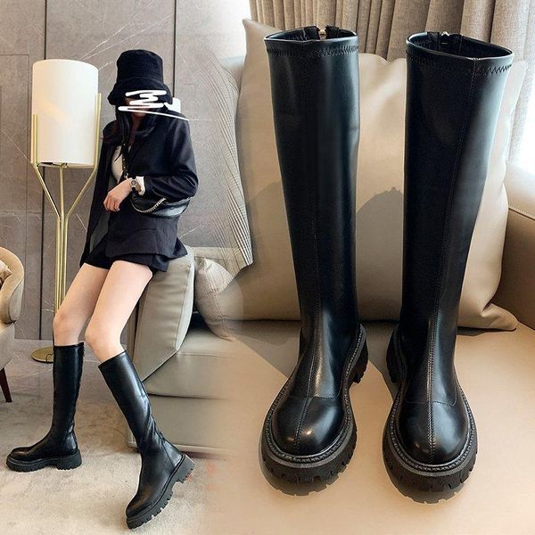

boots pu leather knee round toe autumn shoes thigh botas zip motorcycle riding, Black