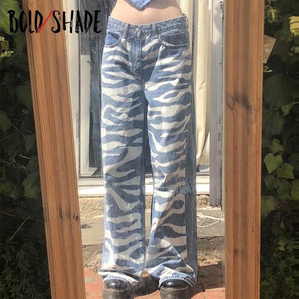 

bold shade 90s vintage fashion streetwear jeans printed striped y2k e-girl wide leg pants for women high waist demin trousers women's, Blue