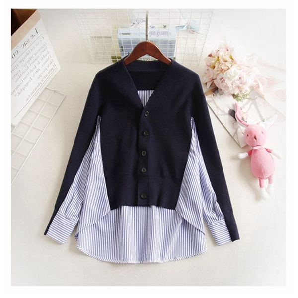 

spring autumn women's cardigan korean long-sleeved stitching knitted loose v-neck sweater thin s gx284 210507, White;black