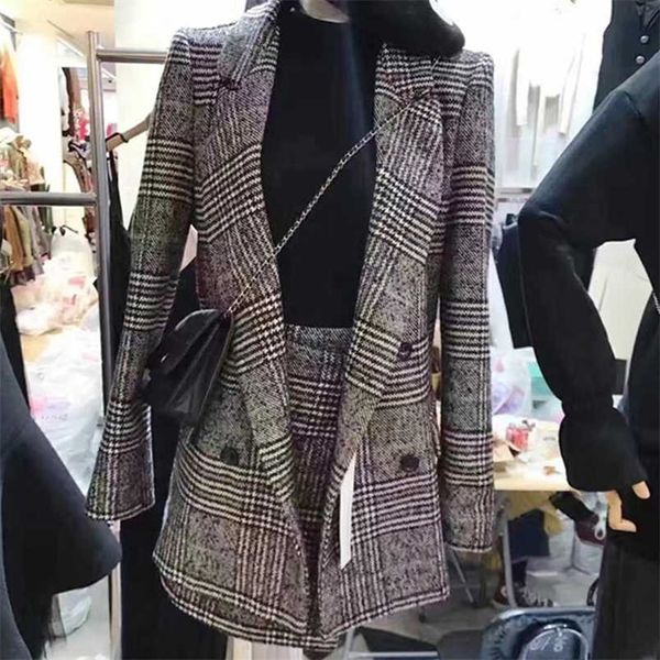 

fall winter houndstooth blazer and skirt 2 piece set women turn-down collar long sleeve coat and mini a-line skirt set 211109, White