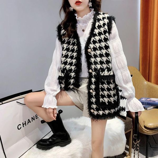 

houndstooth fringed vest black and white jacket women spring autumn loose small fragrance style mink ladies knitted women's vests, Black;white