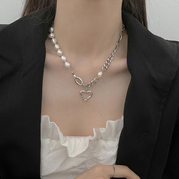 

chokers lovoacc minimalist love heart chunky cuban chain necklace for women asymmetric irregular pearls necklaces party jewelry, Golden;silver
