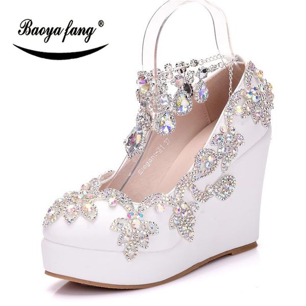 

baoyafang bride wedding shoes woman ankle strap party high wedges heel white crystal shoe ladies platform pumps dress, Black