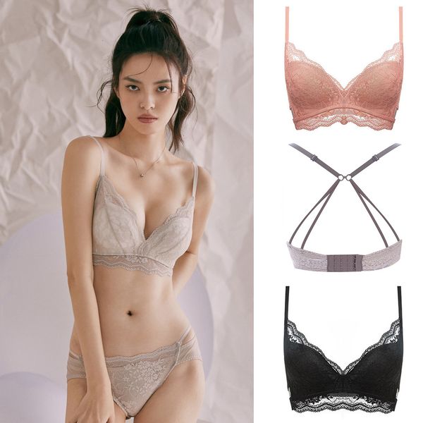 

21 spring and summer new lace small chest gathered thick back underwear women's bra without steel, Red;black
