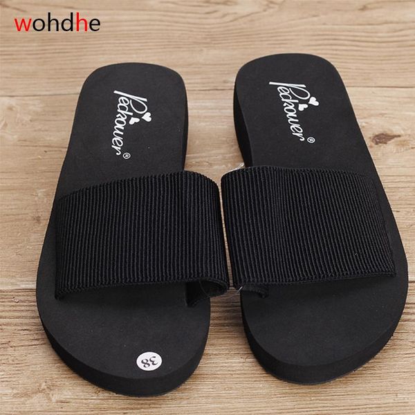 

wohdhe 3cm elastic fabric slippers cotton medium heels slides beach shales platform casual women summer sandals big plus size, Black