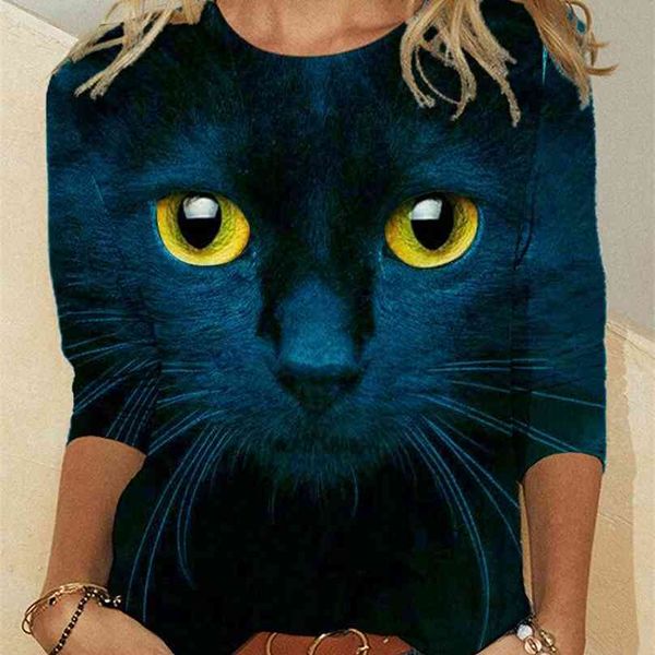 

women blouse cat chasing the moon print shirt plus size 5xl casual black shirts long sleeve funny cartoon tees female 210719, White