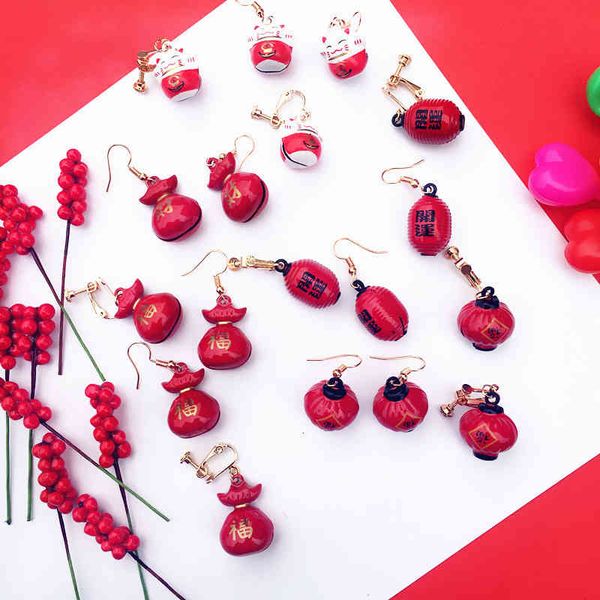 

charms earrings year's lantern red festive exquisite gold bell chinese style without pierced ears, Golden