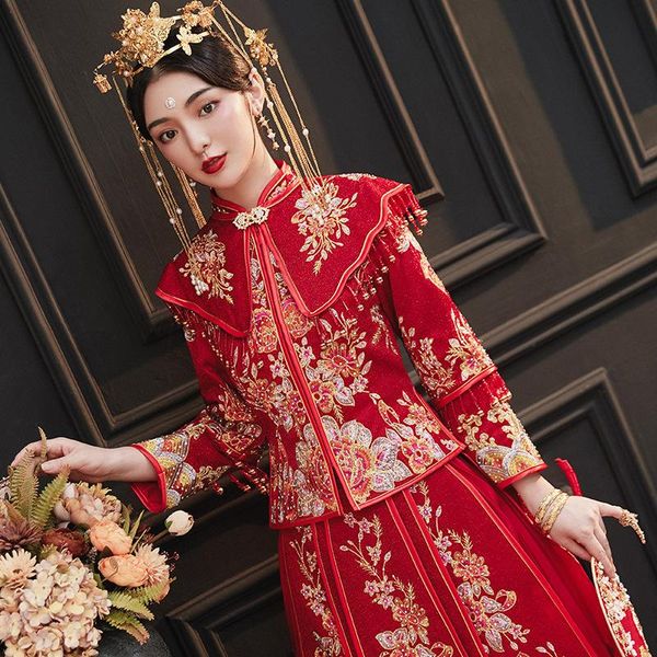 

ethnic clothing oversize 6xl retro chinese marry cheongsam flower embroidery rhinestone tassels bride wedding dress, Red