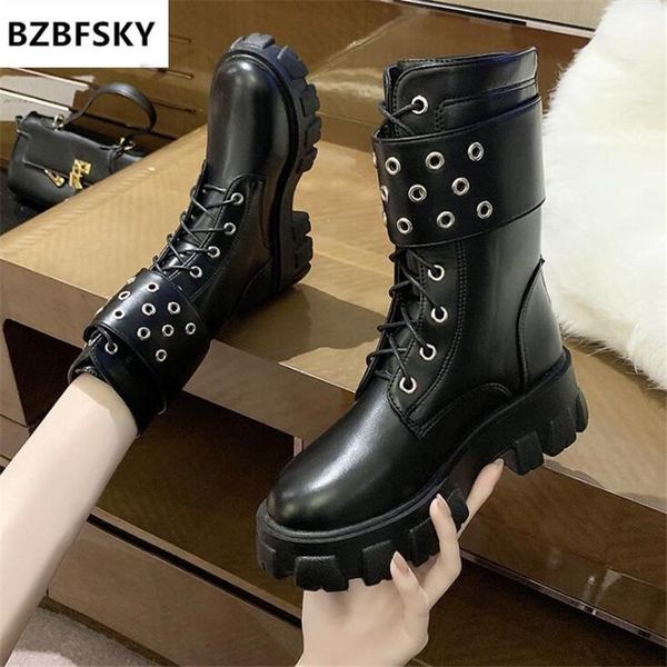

boots women combat winter 2021 warm plush ankle fashion platform gothic shoes lace up black leather size35-40