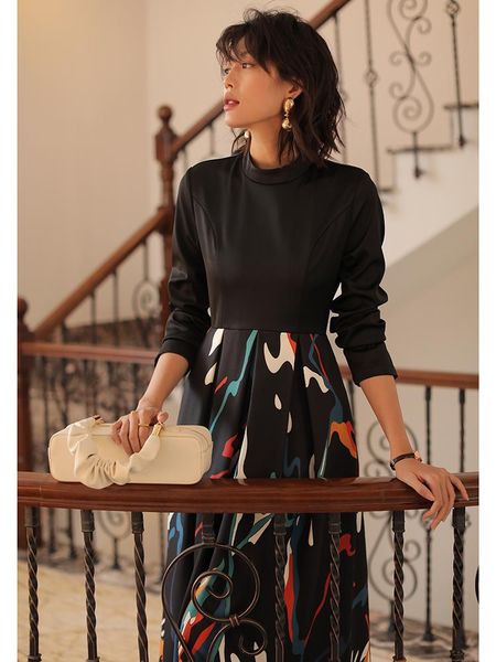 

casual dresses brand 2021 autumn winter long dress women stand neck abstract print pocket patchwork sleeve maxi gowns xxl, Black;gray