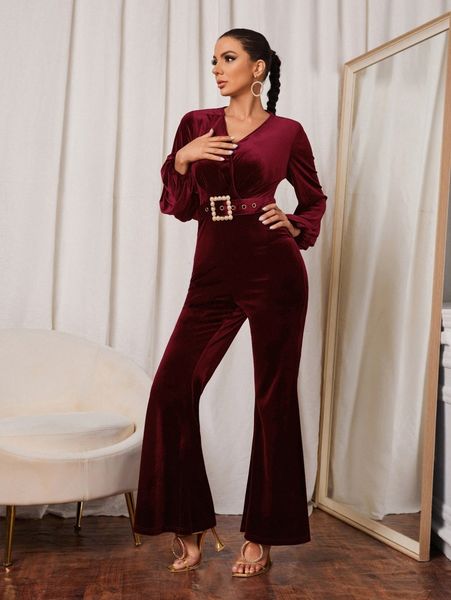 

lantern sleeve belted velvet flare leg jumpsuit l78b#, White