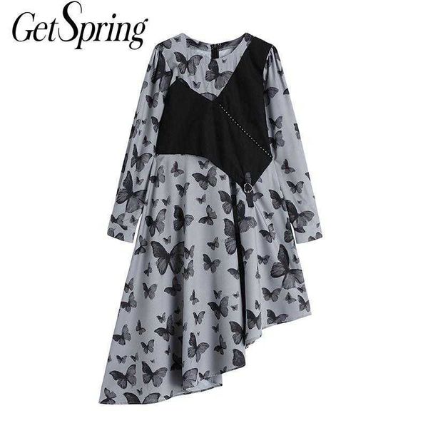 

getspring women dress asymmetry fake two flower girl es long sleeve vintage woman printing spring summer 210601, Black;gray
