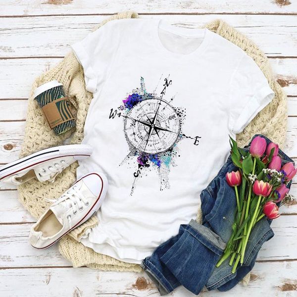 

women's t-shirt women graphic watercolor compass cute vogue print summer shirt lady clothes womens clothing tee female t, White