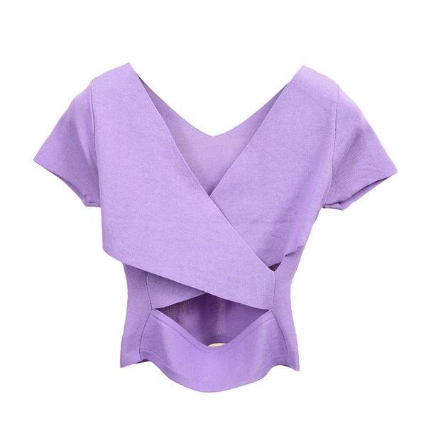 

knitting t-shirts women female backless ladies v-neck tees solid short sleeve t-shirt summer 210518, White